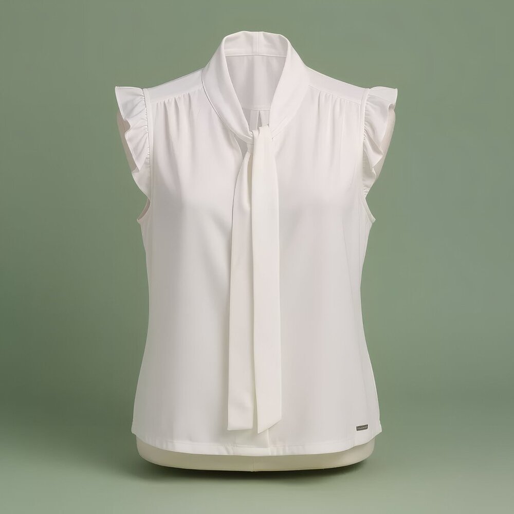Women’s White Tie-Neck Blouse I SMALL SIZE  | Sleeveless Ruffle Detail | Chic